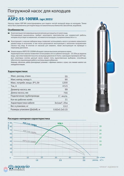 Aquario ASP2-55-100WA (кабель 25м, встр.конд.) погружной насос