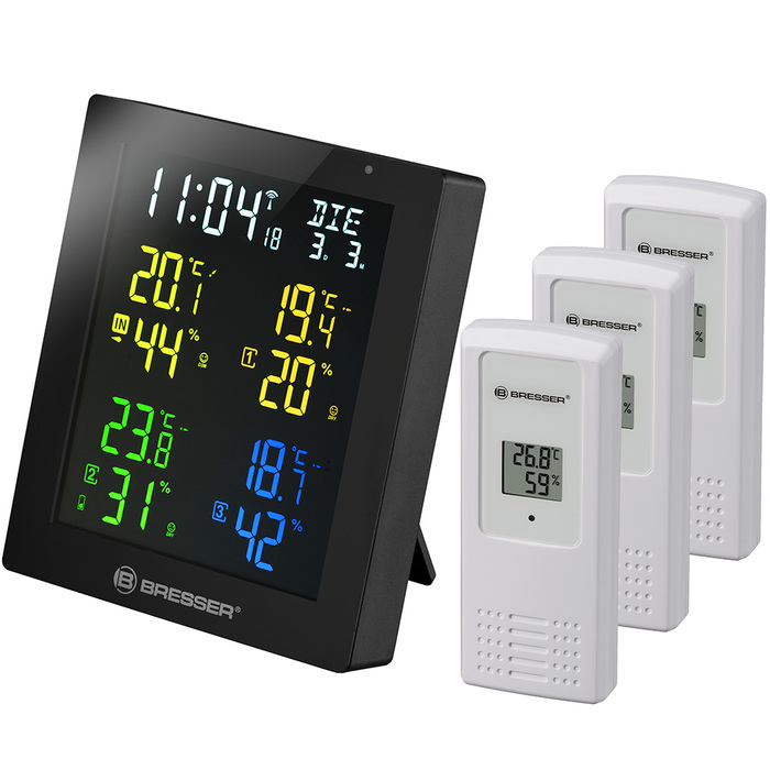 Bresser ClimaTemp Hygro Quadro с тремя датчиками, черная (77031) цифровая метеостанция