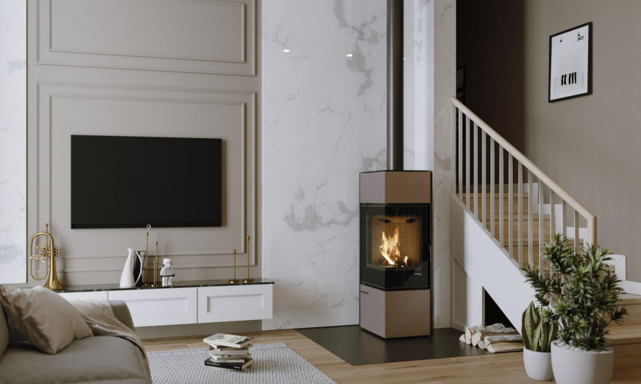 DEFRO HOME QUADROOM LONG, золотая сталь дровяная печь