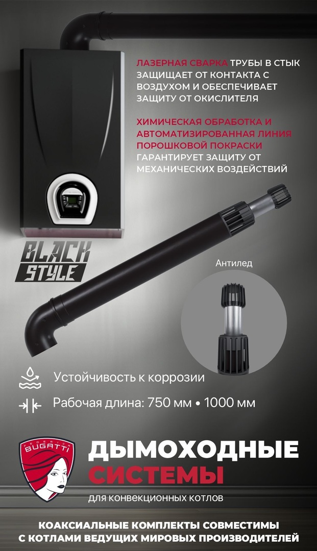 Federica Bugatti 60/100 L1000 с анти BLACK комплект коаксиального дымохода