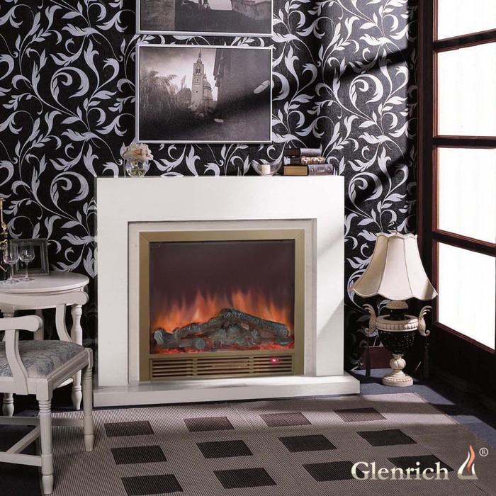 Glenrich Астория Delux 39 (Sharm39 Brass) Белый по шпону электрокамин с широким очагом 2D