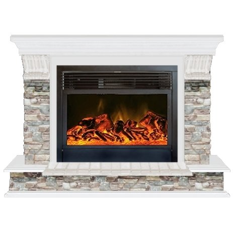 Glenrich Панорама 28 (New flame) камень-Грот цветной/цвет-Белый электрокамин с широким очагом 2D