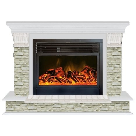Glenrich Панорама 28 (New flame) камень-Грот однотонный/цвет-Беленный дуб электрокамин с широким очагом 2D