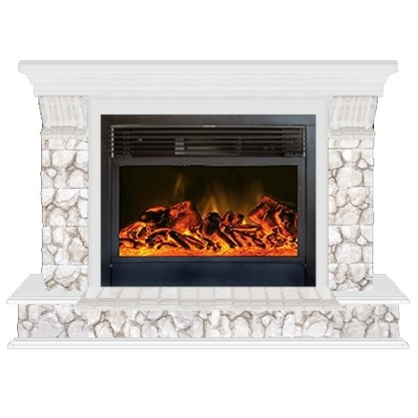 Glenrich Панорама 28 (New flame) камень-Карелия/цвет-Белый электрокамин с широким очагом 2D