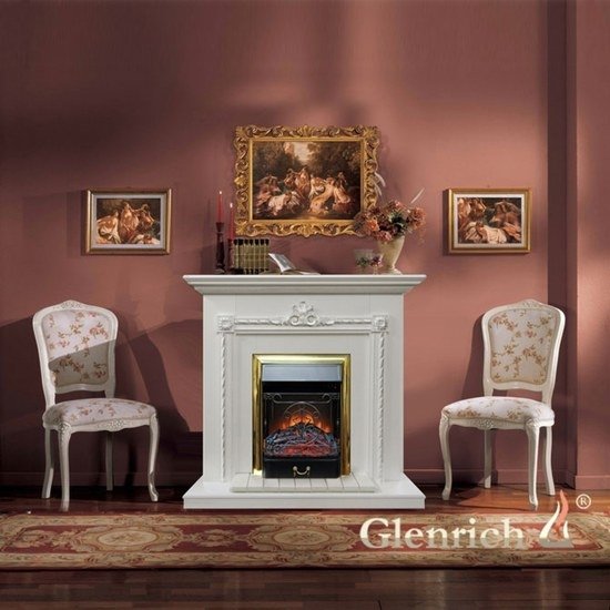 Glenrich Шервуд (Magestic brass) Белый электрокамин с классическим очагом 2D