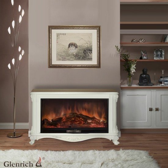 Glenrich Версаль с царгой (Premier S86) Белый электрокамин с широким очагом 2D