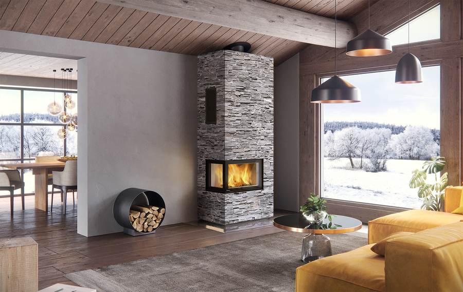 Nordpeis Davos A угловой левый высокий STONE 3-х сторонний+ топка N-29A готовый дровяной каминокомплект