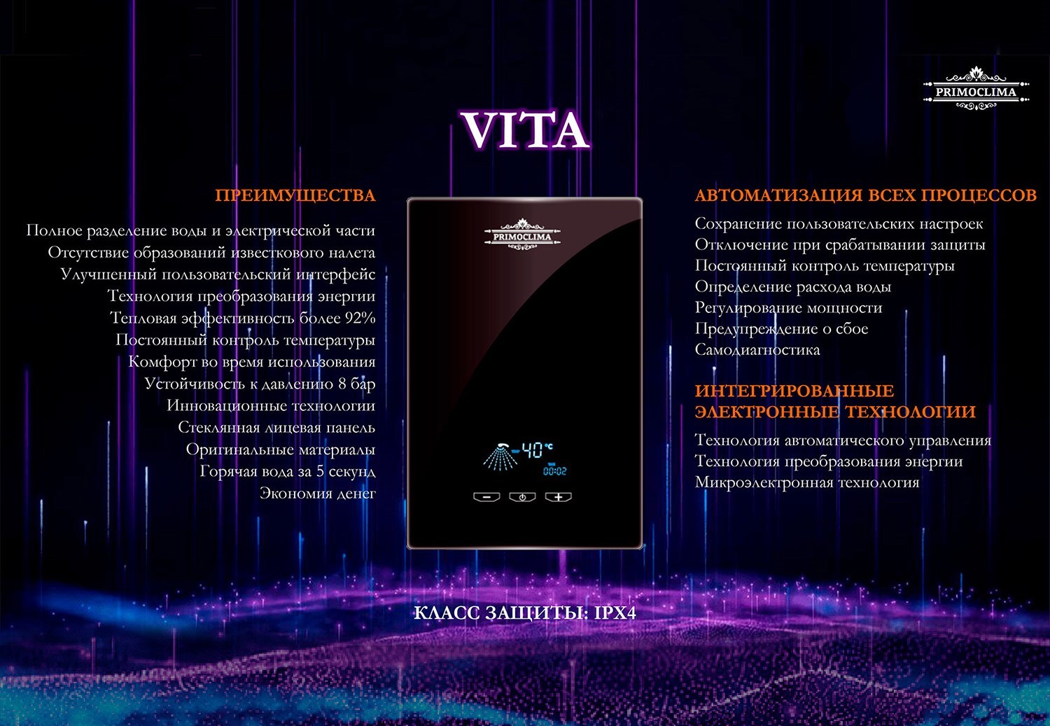 Primoclima VITA 8.5 кВт, черный электрический проточный водонагреватель 8 кВт