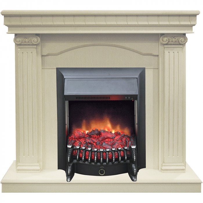 Real-Flame Rosa STD/EUG WT с очагами Fobos s Lux BL/BR, Majestic s Lux BL/BR прямоугольный камин с звуковым сопровождением