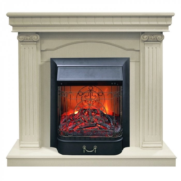 Real-Flame Rosa STD/EUG WT с очагами Fobos s Lux BL/BR, Majestic s Lux BL/BR прямоугольный камин с звуковым сопровождением