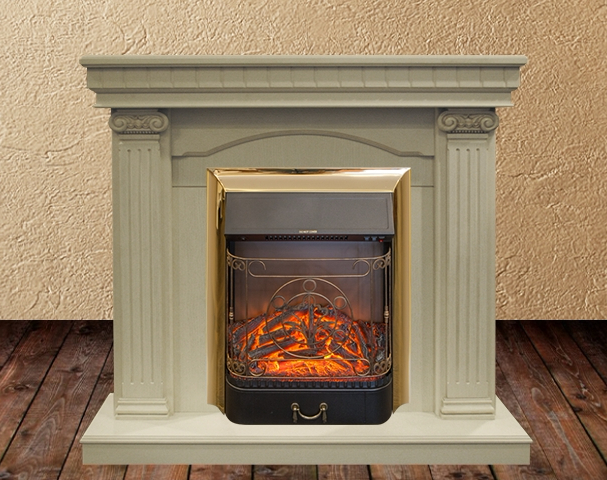 Real-Flame Rosa STD/EUG WT с очагами Fobos s Lux BL/BR, Majestic s Lux BL/BR прямоугольный камин с звуковым сопровождением