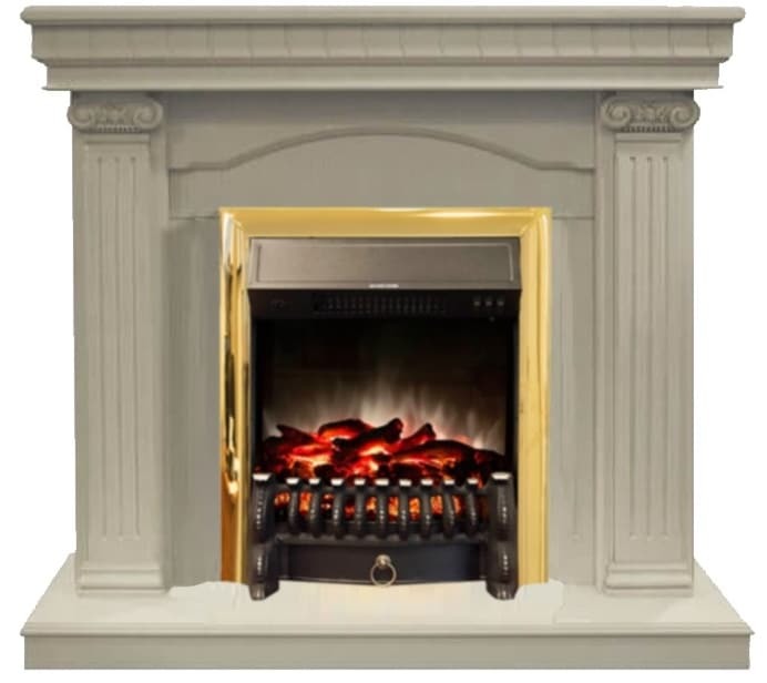 Real-Flame Rosa STD/EUG WT с очагами Fobos s Lux BL/BR, Majestic s Lux BL/BR прямоугольный камин с звуковым сопровождением