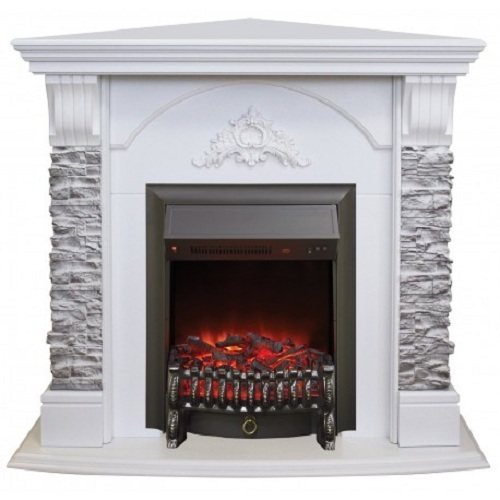 Real-Flame Athena Corner GR STD/EUG/24 WT с очагом Fobos s Lux BL/BR, Majestic s Lux BL/BR белый угловой электрокамин с эффектом живого огня