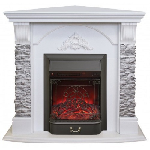 Real-Flame Athena Corner GR STD/EUG/24 WT с очагом Fobos s Lux BL/BR, Majestic s Lux BL/BR белый угловой электрокамин с эффектом живого огня