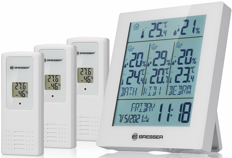 Bresser Temeo Hygro Quadro Prestige с тремя датчиками, белая (78585) цифровая метеостанция
