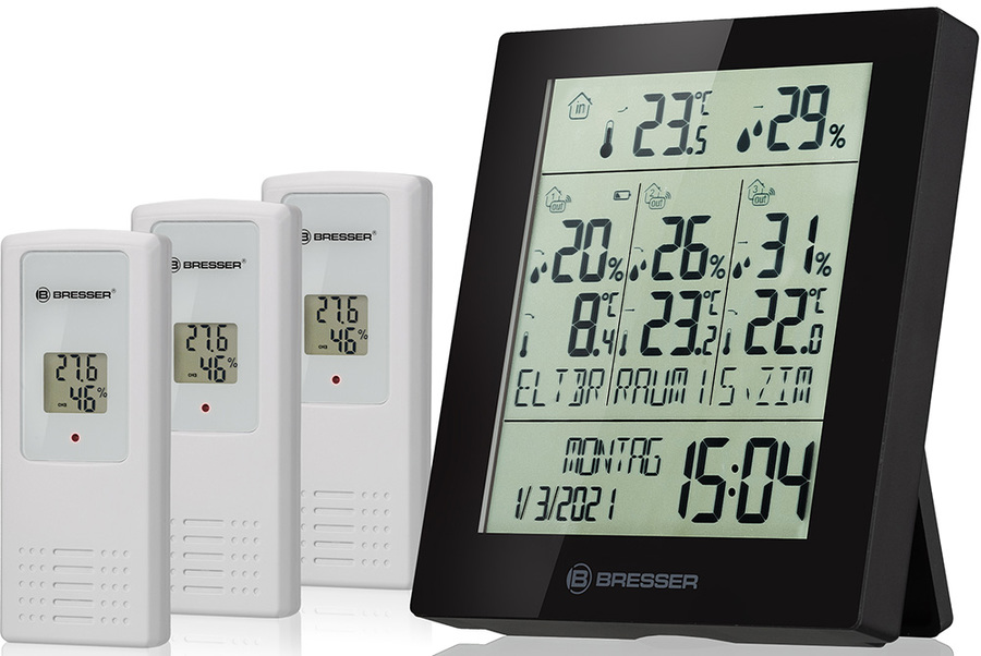 Bresser Temeo Hygro Quadro Prestige с тремя датчиками, черная (78584) цифровая метеостанция