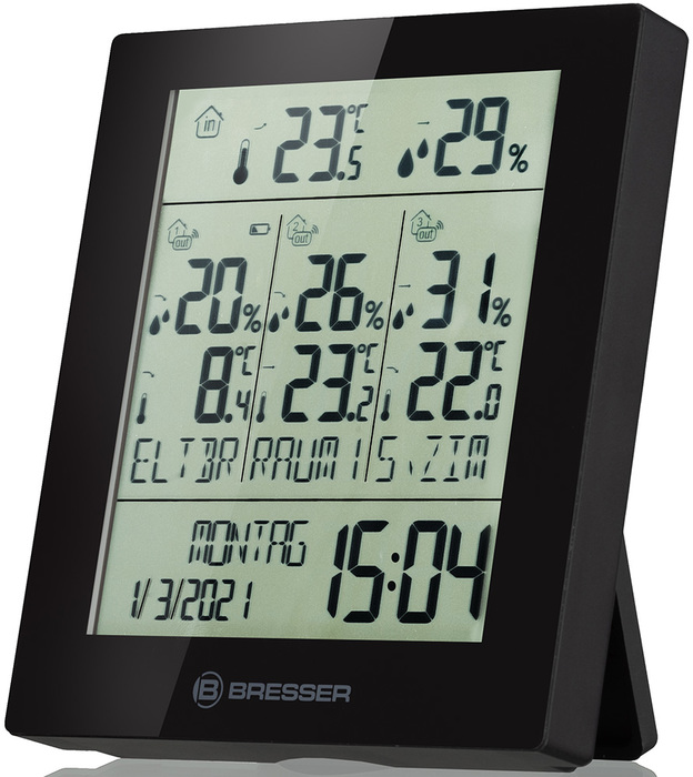 Bresser Temeo Hygro Quadro Prestige с тремя датчиками, черная (78584) цифровая метеостанция