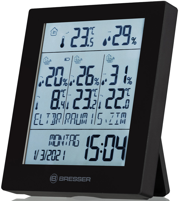 Bresser Temeo Hygro Quadro Prestige с тремя датчиками, черная (78584) цифровая метеостанция
