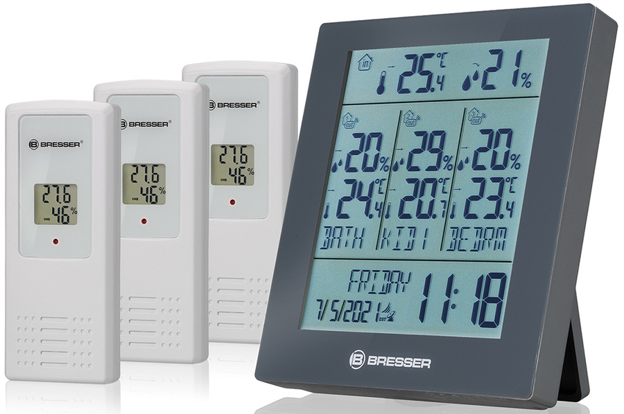 Bresser Temeo Hygro Quadro Prestige с тремя датчиками, серая (78586) цифровая метеостанция