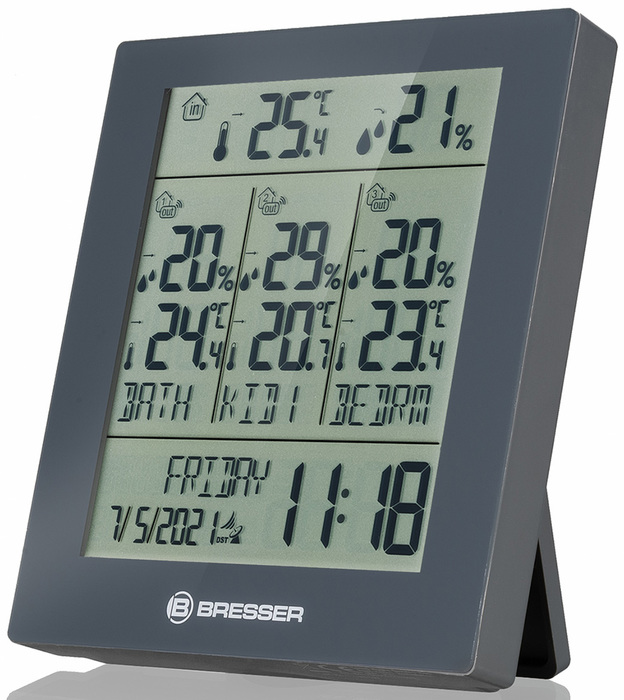 Bresser Temeo Hygro Quadro Prestige с тремя датчиками, серая (78586) цифровая метеостанция