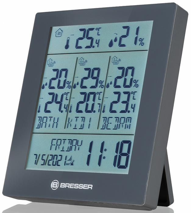 Bresser Temeo Hygro Quadro Prestige с тремя датчиками, серая (78586) цифровая метеостанция