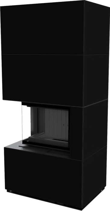 Kratki FLOKI PRO NERO ASSOLUTO, угловое стекло слева, черная футеровка готовый дровяной каминокомплект