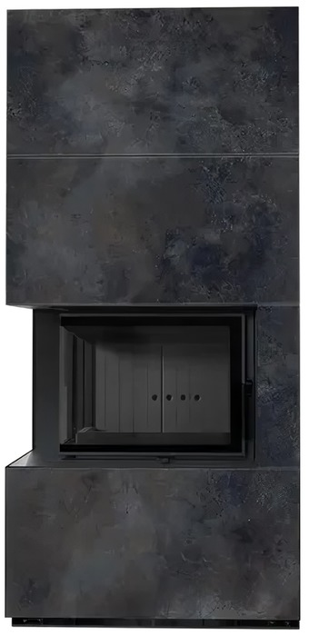 Kratki FLOKI PRO OXIDE NERO, угловое стекло слева, черная футеровка готовый дровяной каминокомплект