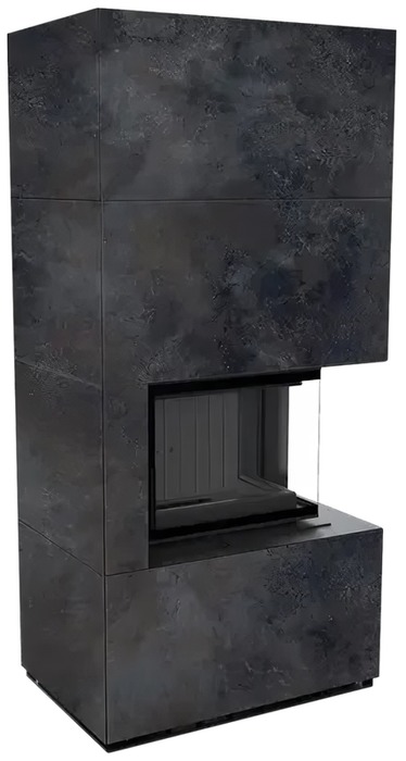 Kratki FLOKI PRO OXIDE NERO, угловое стекло справа, черная футеровка готовый дровяной каминокомплект