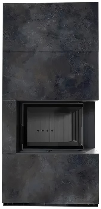Kratki FLOKI PRO OXIDE NERO, угловое стекло справа, черная футеровка готовый дровяной каминокомплект