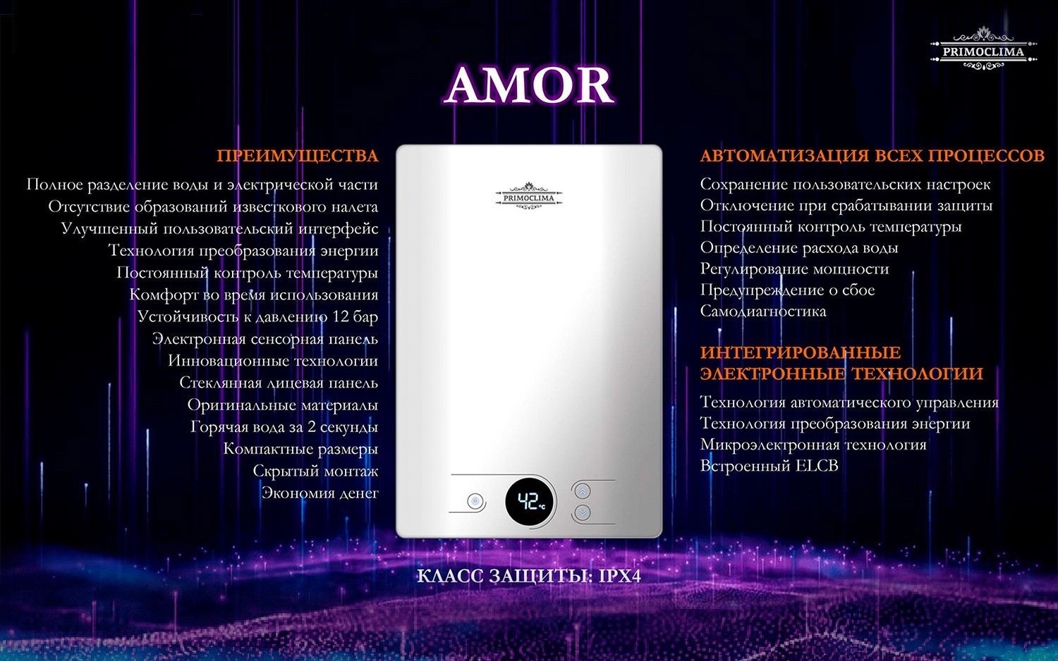Primoclima AMOR 8.8 кВт, белый электрический проточный водонагреватель 8 кВт