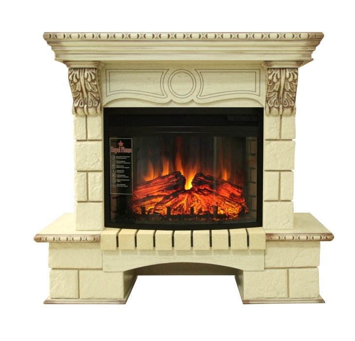 Royal Flame Pierre Luxe шампань с очагом Dioramic 25 FX  (Слоновая кость с патиной) с эффектом горения дров электрический очаг в комплекте с порталом