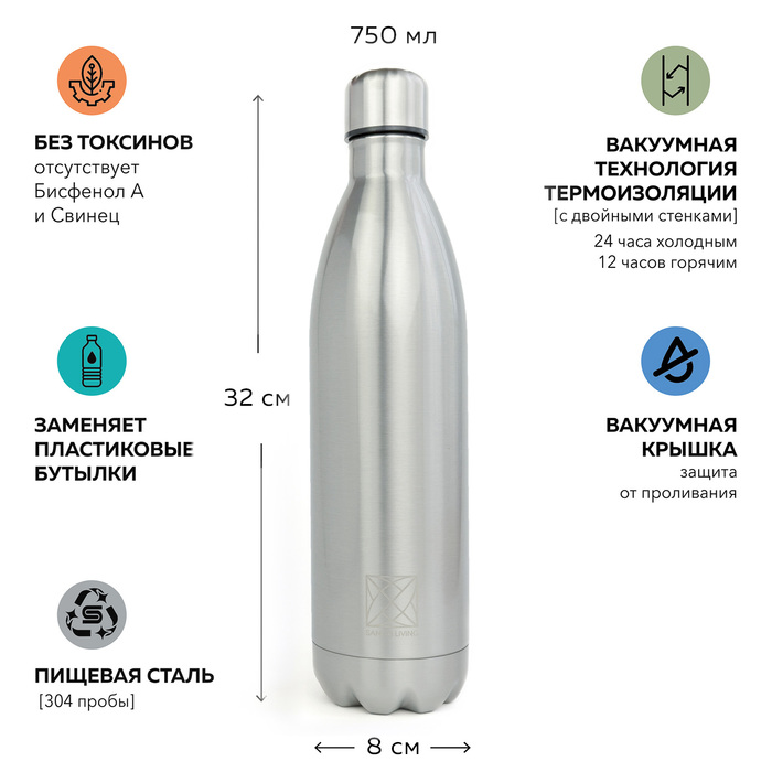 SANTAI LIVING Everyday / 750 мл / 28 см серебристая термос